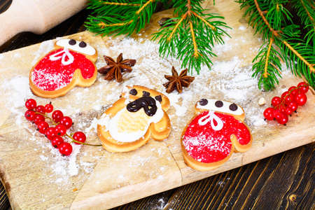 Christmas and New Year Background with Tree and Gingerbread Studio Photoの写真素材