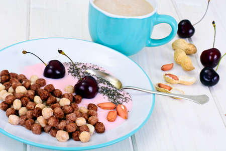 Protein Chocolate Beakfast with Chia Seeds and Peanuts Studio Photoの写真素材