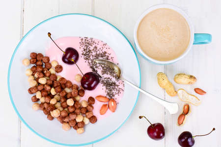 Protein Chocolate Beakfast with Chia Seeds and Peanuts Studio Photoの写真素材
