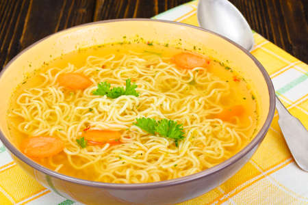 Tasty Chicken Soup with Chinese Noodles. Studio Photoの写真素材