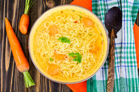 Tasty Chicken Soup with Chinese Noodles. Studio Photoの写真素材