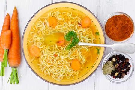 Tasty Chicken Soup with Chinese Noodles. Studio Photoの写真素材