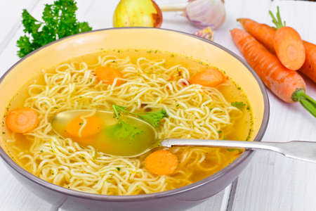 Tasty Chicken Soup with Chinese Noodles. Studio Photoの写真素材