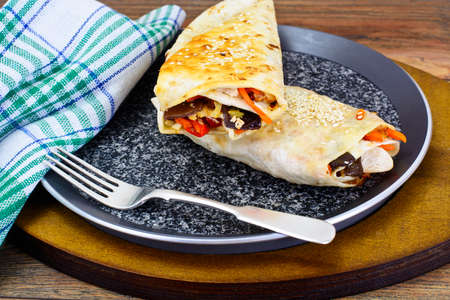 Shawarma Lavash with Chicken and Vegetables Studio Photoの写真素材