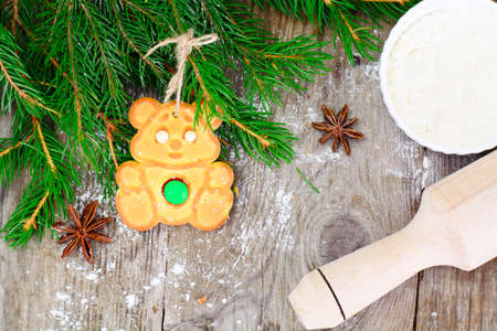 Christmas and New Year Background with Tree and Gingerbread Studio Photo