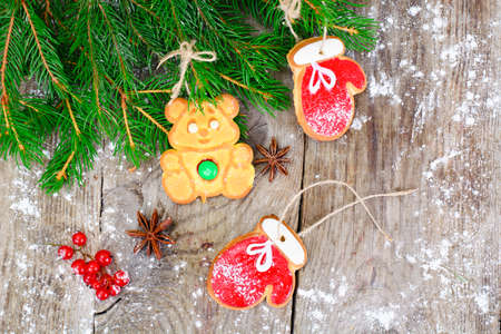 Christmas and New Year Background with Tree and Gingerbread Studio Photoの写真素材