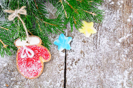 Christmas and New Year Background with Tree and Gingerbread Studio Photoの写真素材
