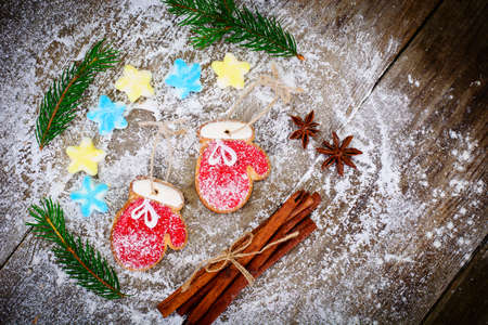 Christmas and New Year Background with Tree and Gingerbread Studio Photoの写真素材
