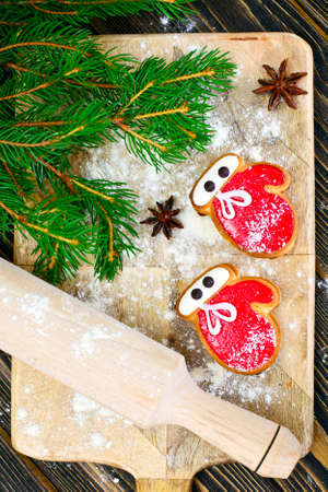 Christmas and New Year Background with Tree and Gingerbread Studio Photoの写真素材