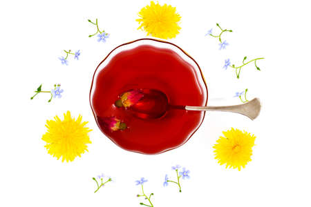 Red Rose Hibiscus Tea with Flowers Studio Photoの写真素材