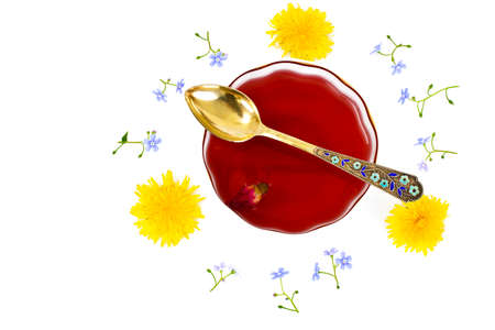 Red Rose Hibiscus Tea with Flowers Studio Photoの写真素材