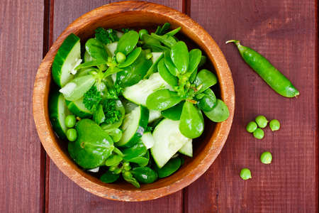Salad with Cucumber, Purslane and Green Peas on Dark Disks Studio Photoの写真素材