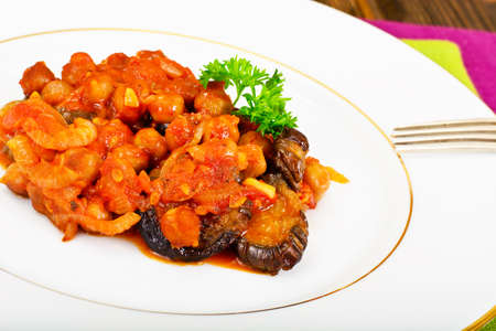 Chickpeas wirh Eggplant and Tomatoes, Onions Studio Photoの写真素材