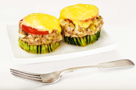 Zucchini with Tuna, Rice, Cheese and Tomato on Barbecue Grill Studio Photoの写真素材