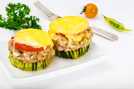 Zucchini with Tuna, Rice, Cheese and Tomato on Barbecue Grill Studio Photoの写真素材