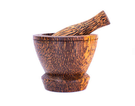 Old Woody Mortar Isolate on White Backgroundの写真素材