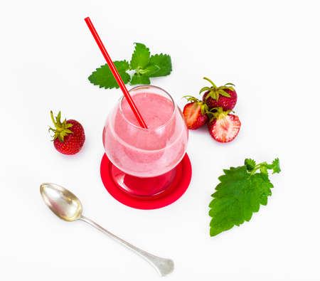 Strawberry Smoothie with Mint Leaves on White Backgroundの写真素材