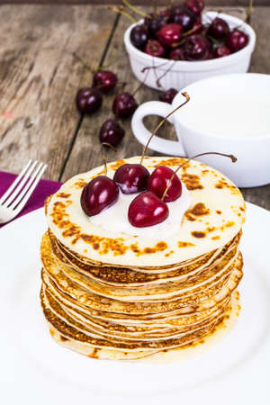 Tasty Pancakes with Cherry Stack Studio Photoの写真素材