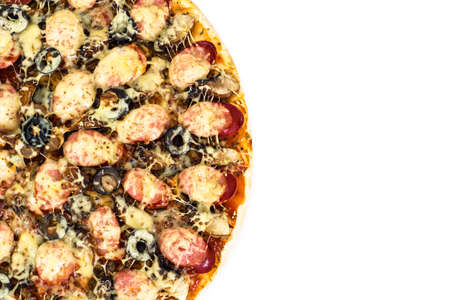 Pepperoni Pizza with Sausage, Cheese, Mozzarella, Olives and Basil Studio Photoの写真素材