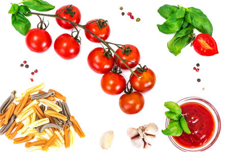 Basil, Red Cherry Tomato with Pasta on White Background Studio Photo