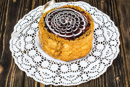Esterhazy Almond Chocolate Cake on Wooden Background Studio Photo