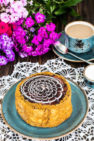 Esterhazy Almond Chocolate Cake on Wooden Background Studio Photo