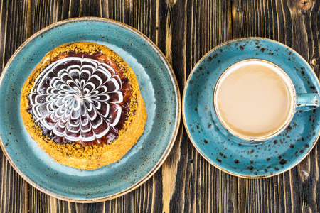 Esterhazy Almond Chocolate Cake on Wooden Background Studio Photo