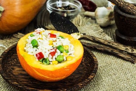 Pumpkin Stuffed with Vegetables and Rice Studio Photoの写真素材