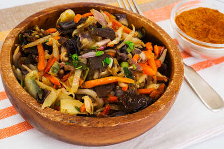 Chinese Vegetable Stew. Paprika, Peas, Carrots. Diet Food. Studio Photoの写真素材