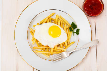 Fried Egg with Potato Studio Photoの写真素材
