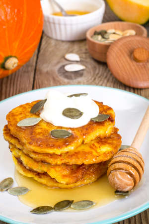 Pumpkin Pancake with honey and pumpkin seeds.Studio Photoの写真素材