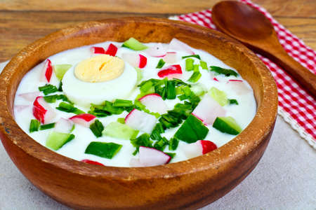Cold Soup Okroshka on Kefir with Herbs Studio Photoの写真素材