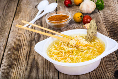 Tasty Chicken Soup with Chinese Noodles. Studio Photoの写真素材