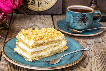 Napoleon cake on the plate stylish. Studio Photoの写真素材
