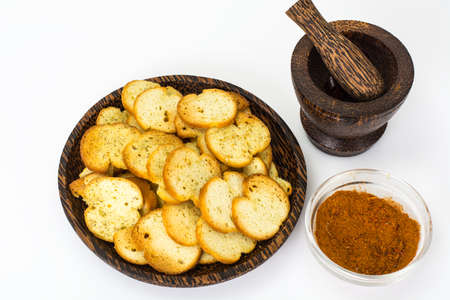 Fried slices of bread for bruschetta. Studio Photoの写真素材