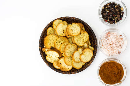 Fried slices of bread for bruschetta. Studio Photo