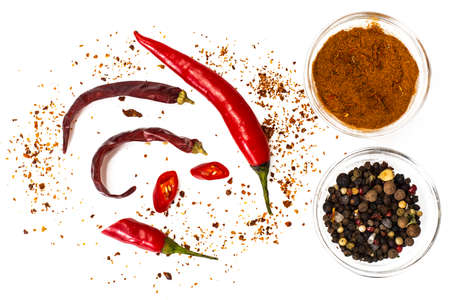 Chili, red pepper flakes, corns and chili powderの写真素材