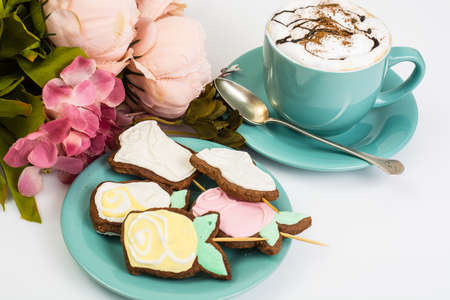 Valentines day romantic breakfast.Gingerbread Heart with icingの写真素材