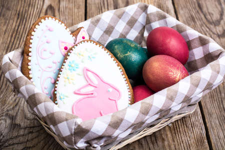 Wicker basket with Easter symbolsの写真素材