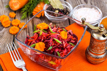 Vegetable salad with carrots, beets, cabbage and onionsの写真素材