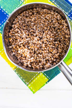 Buckwheat boiled in a metal potの写真素材
