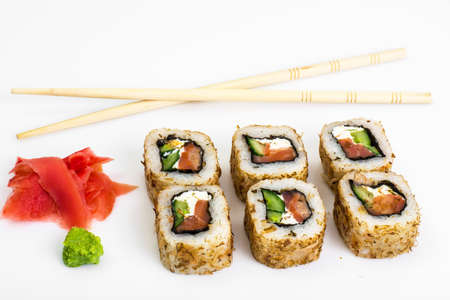 Japanese food rolls with fish and avocadoの写真素材