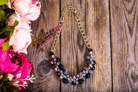 Jewelry necklace of colored beadsの写真素材