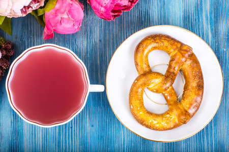 Sweet pretzel with compoteの写真素材