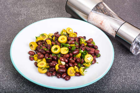 Red bean, green olives, dill, garlic, oil. Studio Photoの写真素材