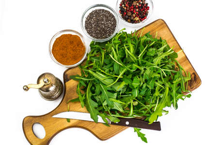 Arugula-ingredient salad on wooden Boards. Studio Photoの写真素材