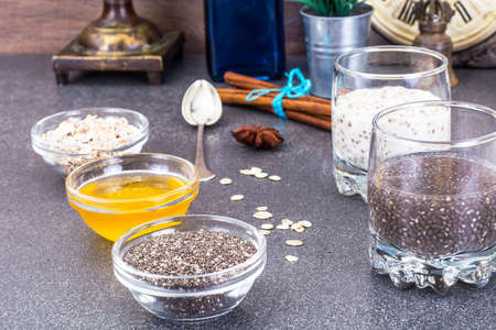 Pudding with chia seeds, honey, chocolate and banana. Studio Photoの写真素材