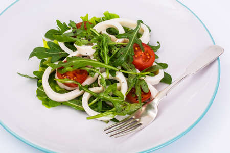 Cooked squid, fresh arugula, tomatoes, oil, spicesの写真素材