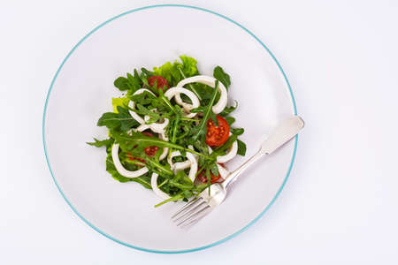 Cooked squid, fresh arugula, tomatoes, oil, spicesの写真素材