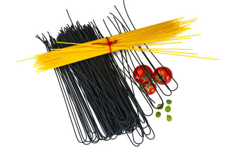 Black spaghetti on white backgroundの写真素材